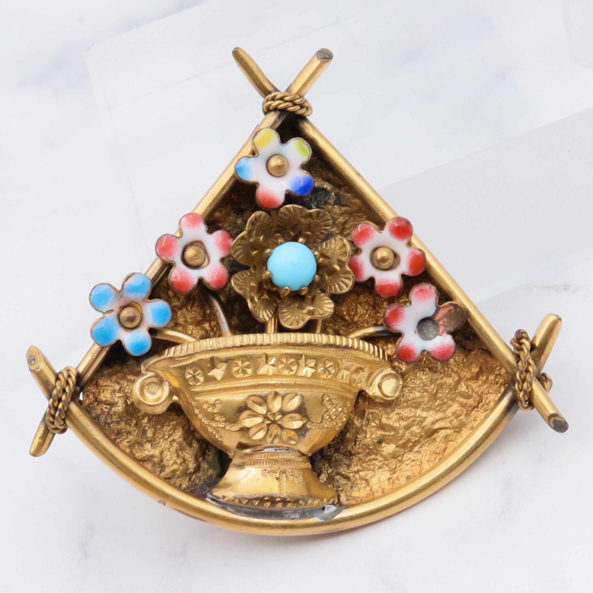 Antique victorian pinch back and enamel flower vase brooch